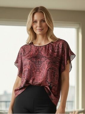 Women's 100% SILK Maroon/Black Paisley Flutter Sleeve Top, Euro Size 40/ US 8-10